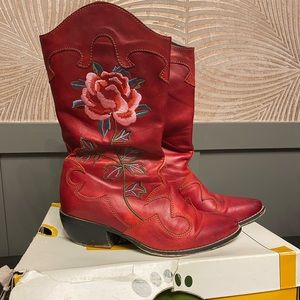 Size 8 Red boots with embroidered Roses. Worn- Good condition